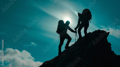 Silhouette of two climbers climbing a rock.