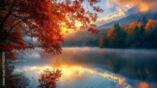 Falling autumn leaves by the lake in the morning © Syahrul Zidane A