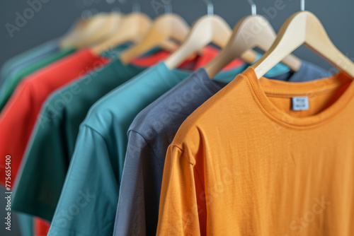 Colorful T-shirts on hangers on a gray background. Background for design.