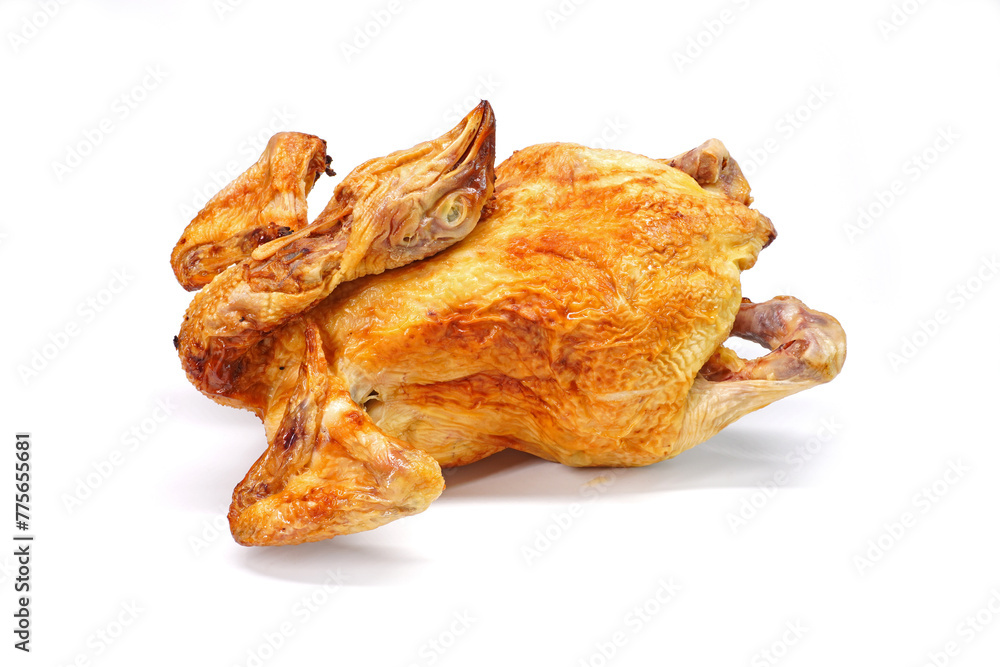 Roasted whole chicken isolated on white background. Roasted whole chicken for all Chinese festival, Chinese new year, Tombs sweeping days, Mid autumn or lunar moon festival Roasted whole chicken isolated on white background. Roasted whole chicken for all Chinese festival, Chinese new year, Tombs sweeping days, Mid autumn or lunar moon festival