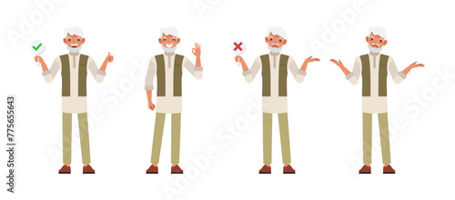 Set of Indian man character vector design. Businessman holding signboard with checkmark and cross. Presentation in various action on isolated white background.