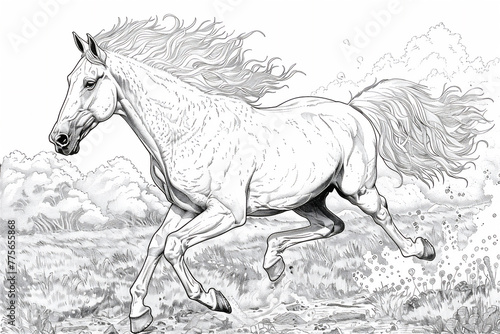 Coloring Pages of running and jumping horse in the field