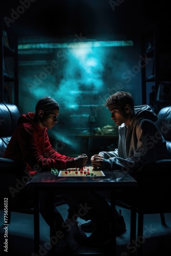 Two individuals sitting at a table intently playing a game of chess with focused expressions and deep concentration.