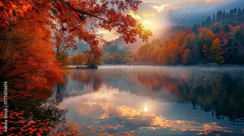 Falling autumn leaves by the lake in the morning
