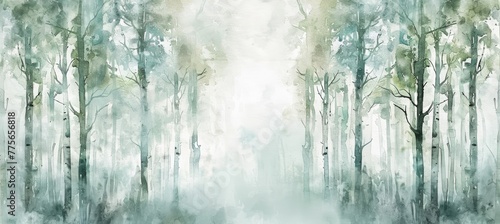 Fototapeta Naklejka Na Ścianę i Meble -  watercolor birch forest, soft pastel green and white colors, spring time, foggy morning, painted on canvas