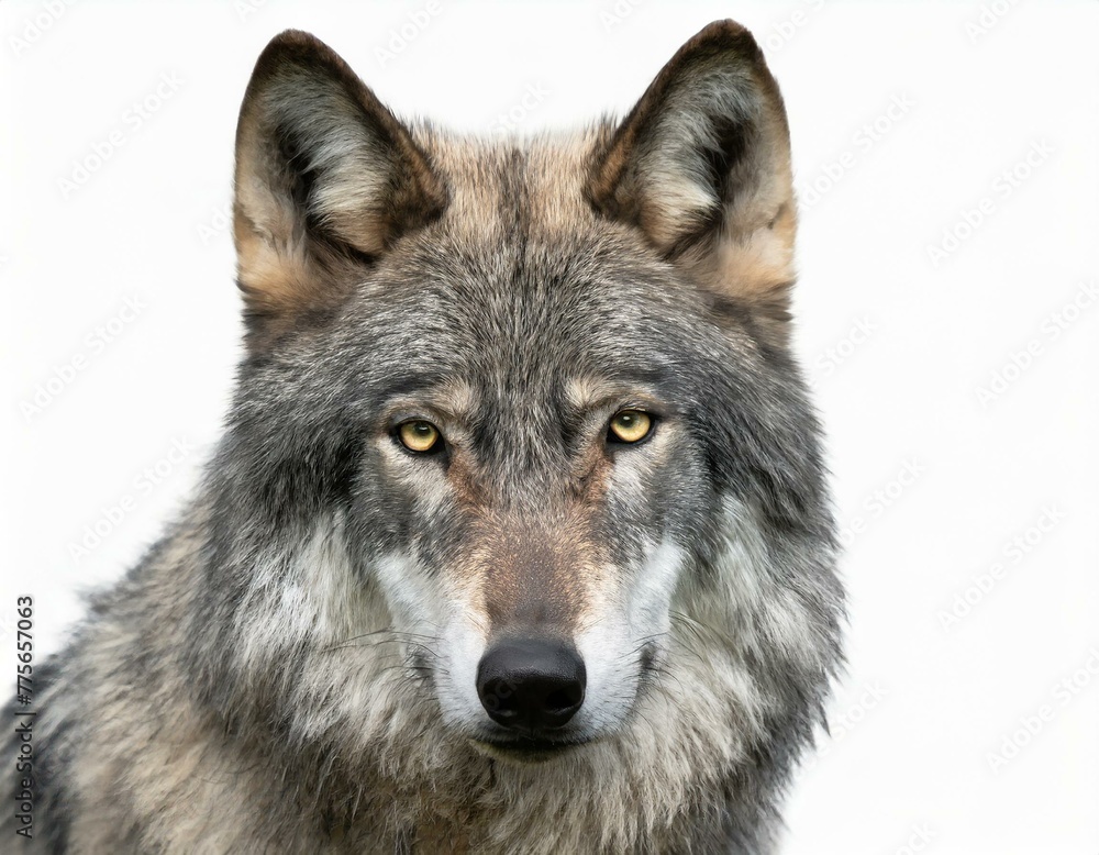 Close-up of a gray wolf, isolated against a white background