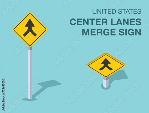 Traffic regulation rules. Isolated United States "center lanes merge" road sign. Front and top view. Flat vector illustration template.