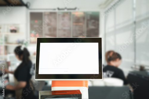 Blank Mockup Cash Desk White Screen S in coffee shop

