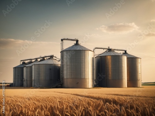 Tall cylindrical metal silos standing in a field of golden wheat. The sky is a clear blue with a few wispy white clouds