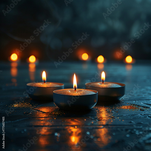 Burning candles on floor in darkness with space for text. Funeral concept. Deepest sympathy card 