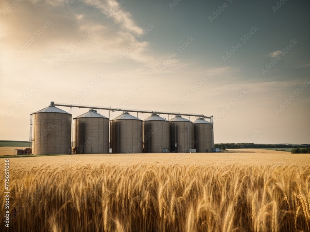 Tall cylindrical metal silos standing in a field of golden wheat. The sky is a clear blue with a few wispy white clouds Tall cylindrical metal silos standing in a field of golden wheat. The sky is a clear blue with a few wispy white clouds