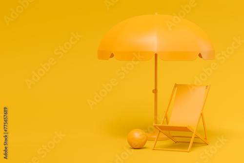 Colorful beach rings, chair, umbrellas and luggage on monochrome background.