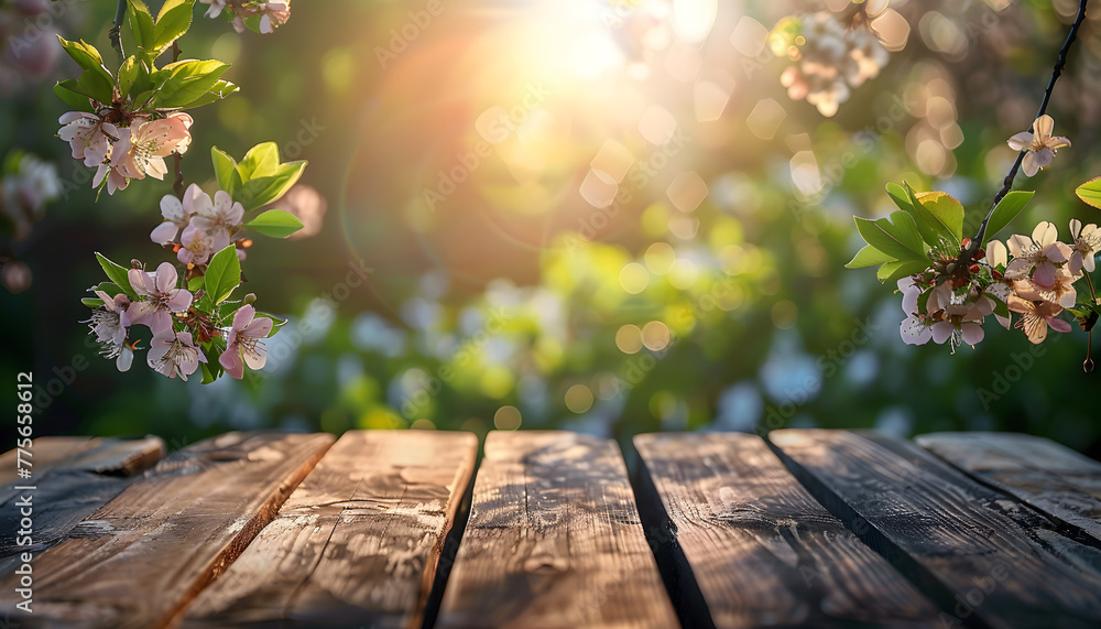 Blossoms on a wooden table in a green garden with defocused bokeh lights and flare effect, perfect for springtime and nature-related concepts.