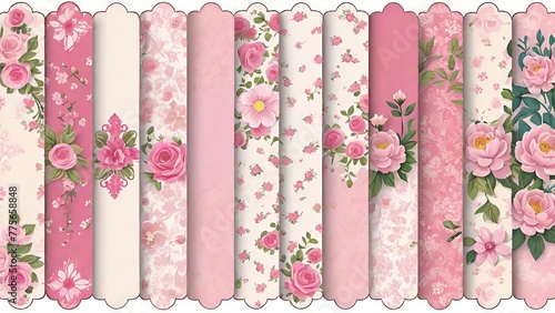 exquisite floral designs, each featuring delicate pink blossoms set against a vintage, pastel background © CreativeVirginia