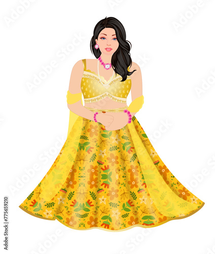 Beautiful Young Women sitting wearing Ethnic Crop Top and Skirt for  Haldi Ceremony