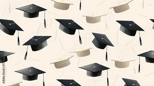 seamless pattern of black and white graduation caps on a beige background
