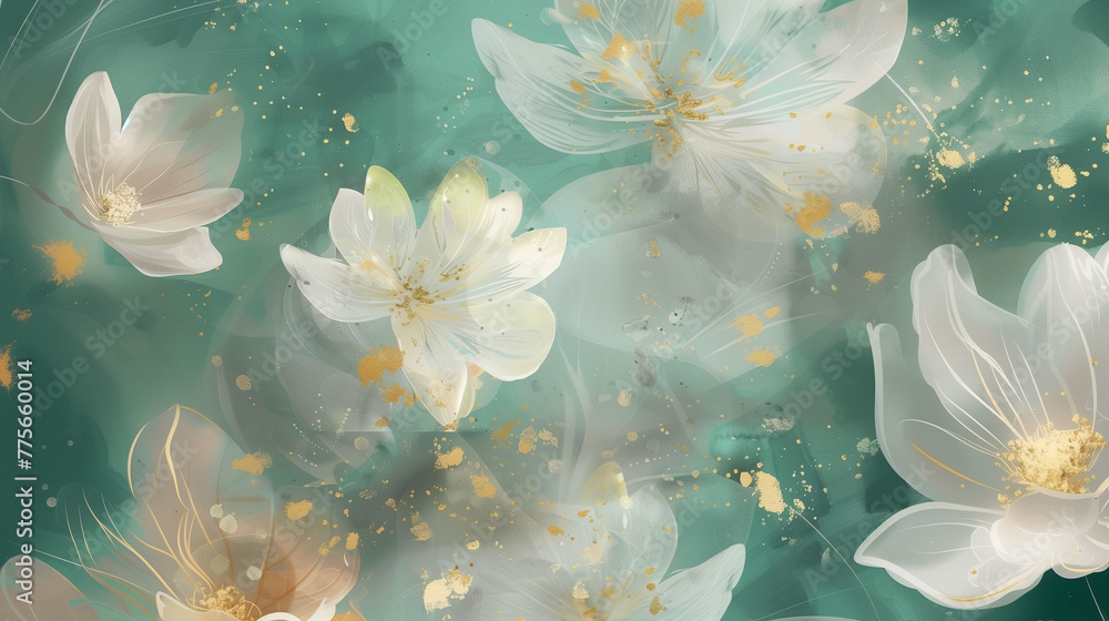 White flowers and petals flying in the air on green background with gold glitters. Digital art, watercolor painting. Spring and summer floral wallpaper