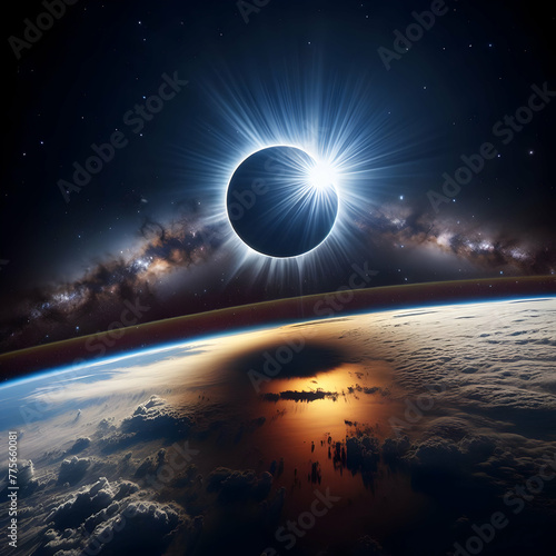 A spacefaring view of a complete solar eclipse, eclipsing of the bright sun.