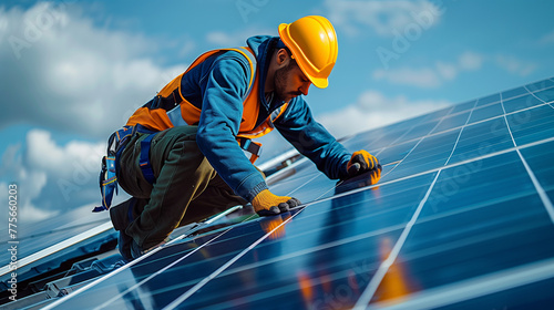 Man worker installing solar photovoltaic panels on roof, alternative energy concept