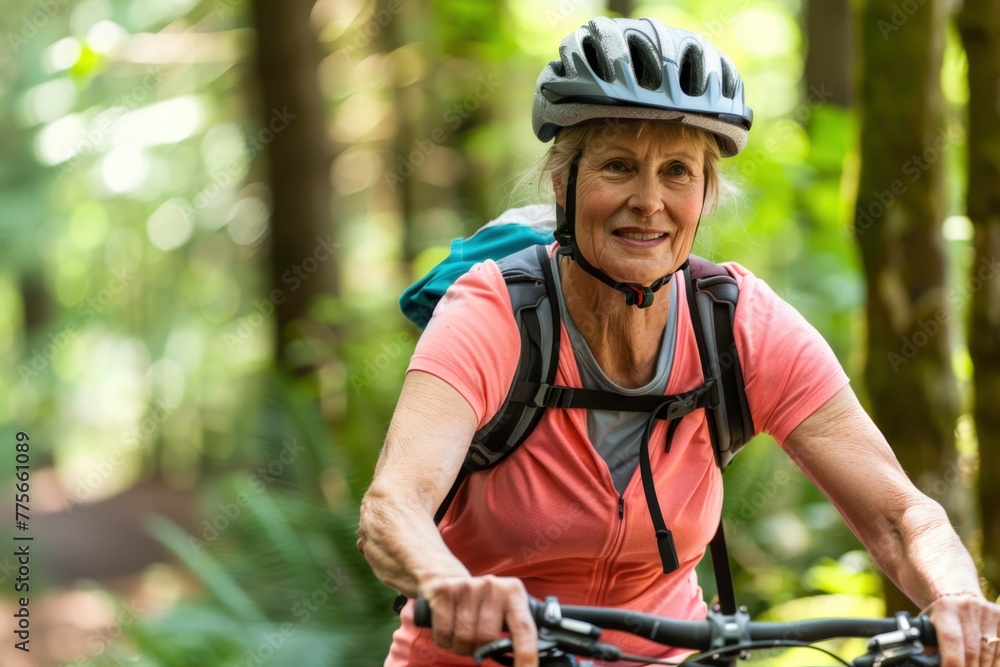 Naklejka premium Active senior woman cycling through the forest, wearing a helmet and a bright smile, enjoying nature