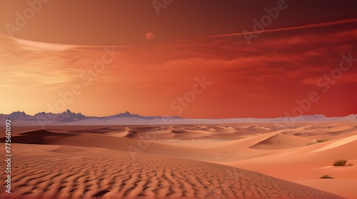 Sahara sunset casting warm hues over desert dunes and distant horizons, blending orange with the azure sky
