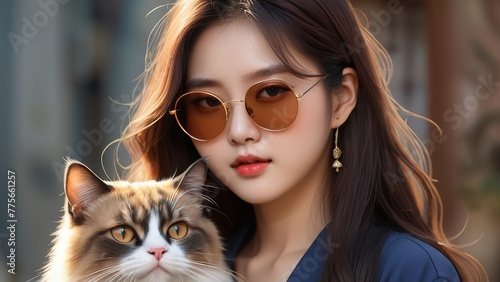 Beautiful asian woman in white shirt and sunglasses with cat. photo