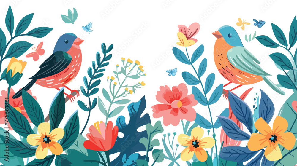 Spring and flowers background with birds and leaves