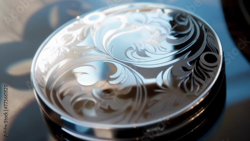 A precision laser is used to etch intricate designs onto the surface of a compact mirror demonstrating the use of technology in creating aesthetically pleasing packaging for