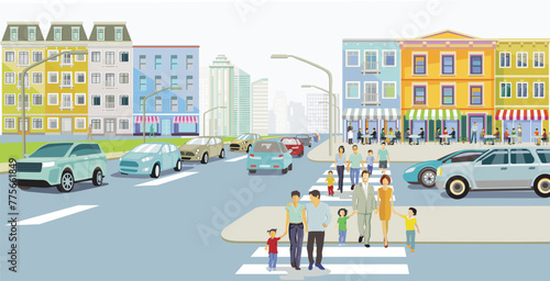 Stadtsilhouette einer Stadt mit Verkehr und Menschen, illustration