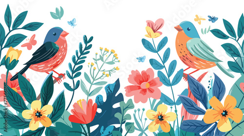 Spring and flowers background with birds and leaves © Tech