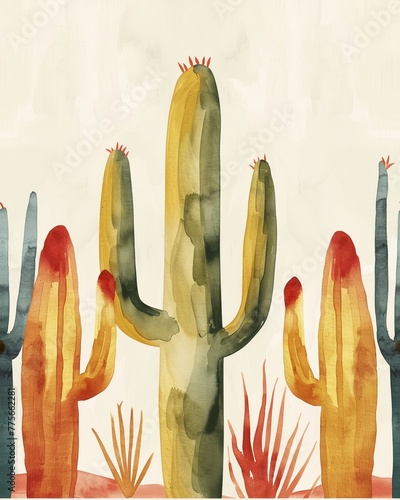 Minimalist watercolor cacti, dotting an endless desert landscape photo