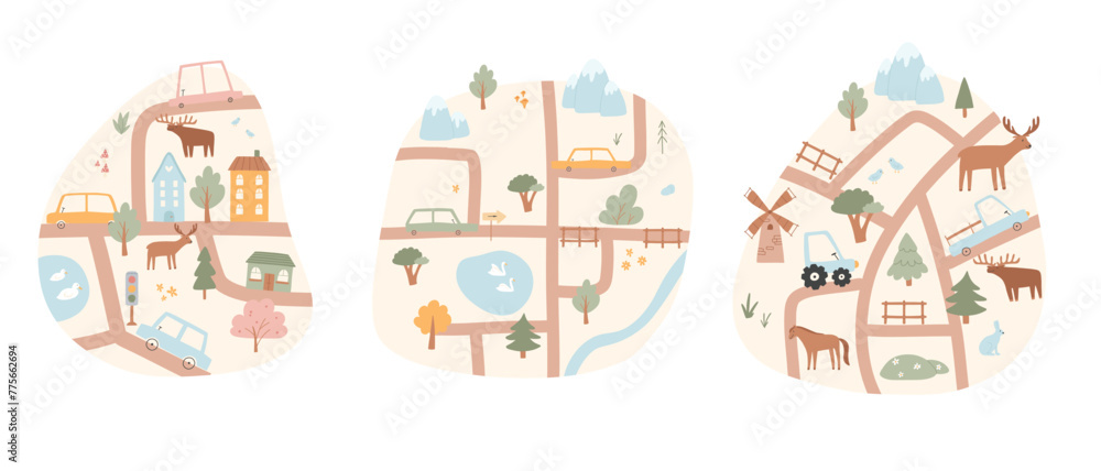 Naklejka premium Set of kids city map. Vector illustration of a city map with cars, mountains, trees. Hand drawn illustration for kids room.