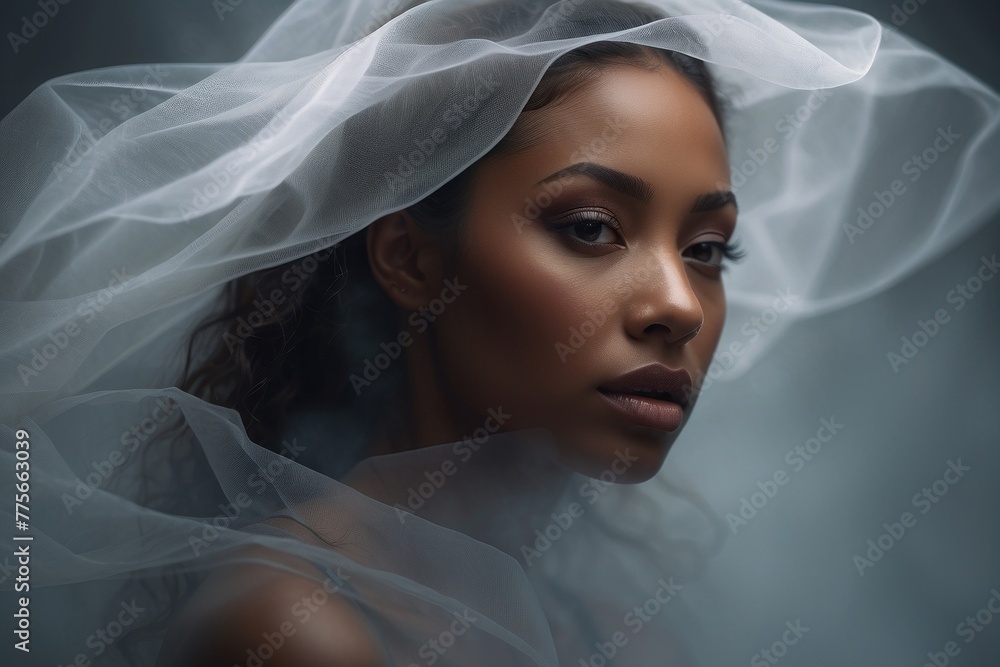 A woman with dark hair and a white veil is the main subject of the image A woman with dark hair and a white veil is the main subject of the image