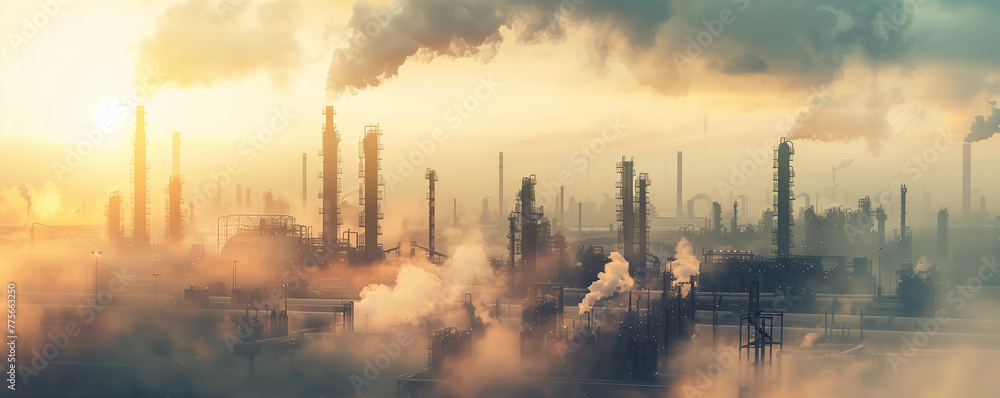 Industrial landscape with pollution from smokestacks at sunrise.
