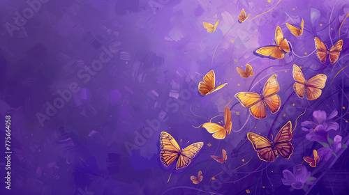 Digital artwork of orange butterflies on a mystical purple floral background emblematic of growth and transformation © Renata