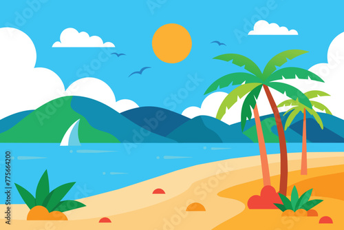 Fototapeta Naklejka Na Ścianę i Meble -  Beach Landscape at Summer Scenery vector design