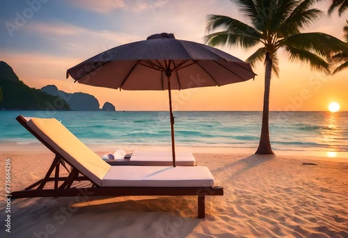 lounge chairs on the beach with palm tree and sunset background  beautiful nature scene