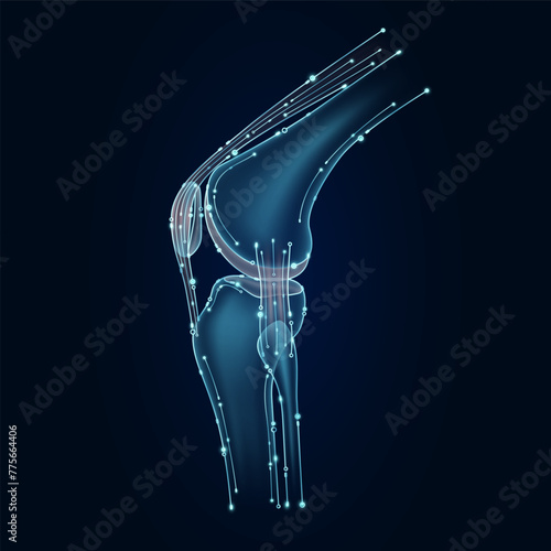 Knee joint bone in electronic form glowing between information connecting lines. Medical science of technology digital hi tech. Futuristic digital circuit board innovative health care. Vector EPS10.