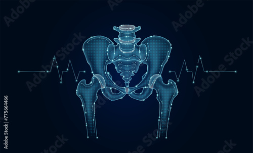 Electronic pelvis bone and pulse wave glowing between connecting lines. Human organ microchip data circuit code. Medical science of technology futuristic digital innovative health care. Vector EPS10.