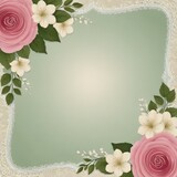 green background tan border pink and white flowers green leaves copy space