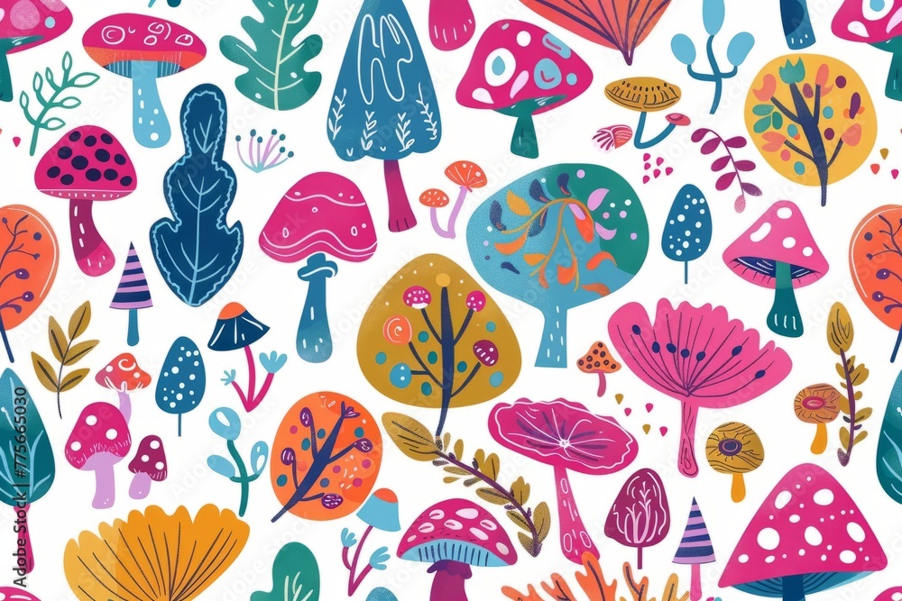 Cartoon cute doodles of a whimsical forest pattern filled with colorful mushrooms, woodland creatures, and enchanted trees, Generative AI Cartoon cute doodles of a whimsical forest pattern filled with colorful mushrooms, woodland creatures, and enchanted trees, Generative AI
