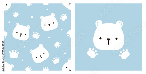 Seamless pattern with white bear and paw print on blue backgrounds vector. Cute childish print.