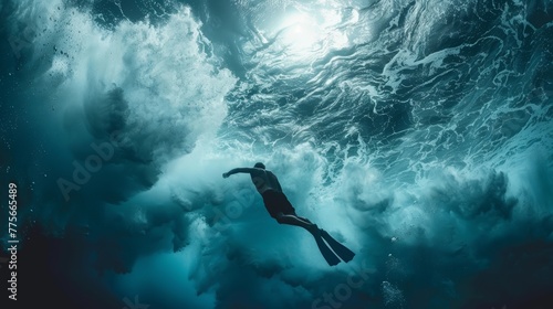 Free diver swimming underwater with flippers in the deep sea with dynamic light rays and bubbles photo