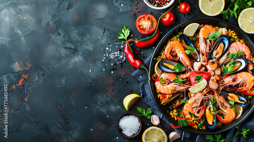 Seafood paella, colorful and festive, wide angle with margin for text