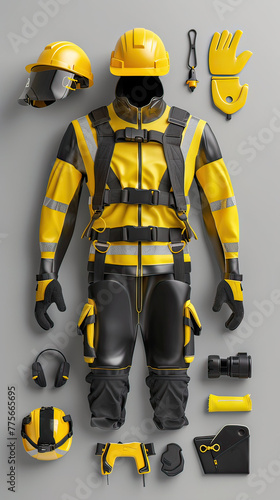 Sleek 3D construction safety gear set, minimalist design, space for text