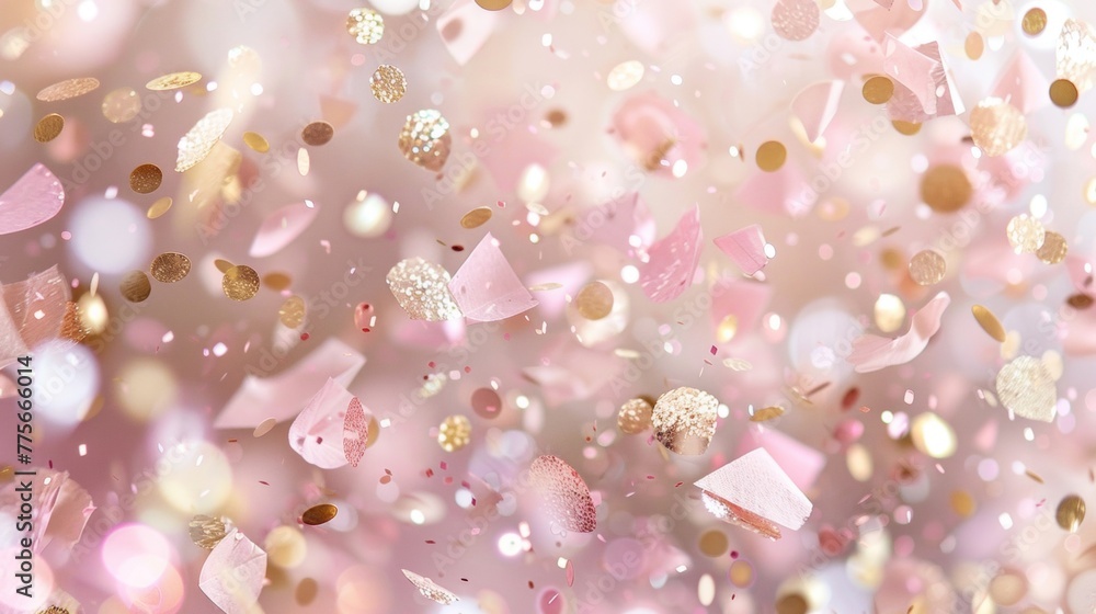 Festive pink and gold confetti falling from the sky - obrazy, fototapety, plakaty 