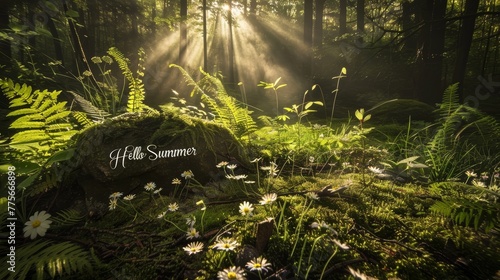 Forest ground with daisies and Hello Summer calligraphy on a moss-covered rock  illuminated by morning sunlight