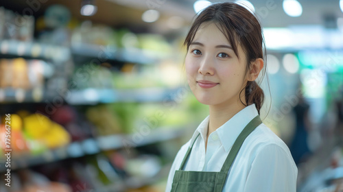 スーパーマーケットの生鮮食品売り場で働く女性が白いシャツと緑のエプロンを身に付け微笑んでいる
