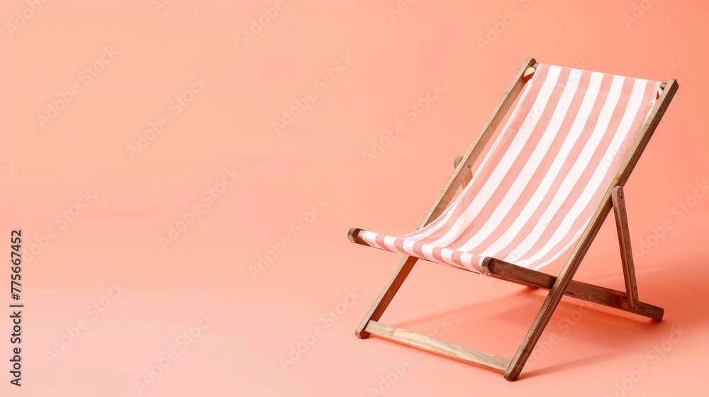 Solitary deck chair on a pastel pink background. Minimalist relaxation and leisure concept. Design for wellness poster, banner.