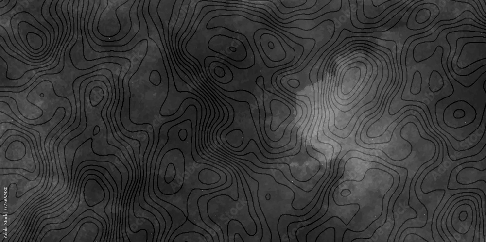 Contour topo map in black grunge texture, Black and white wave topographic map, Topography and geography map grid abstract vector background, Geographic mountain relief.